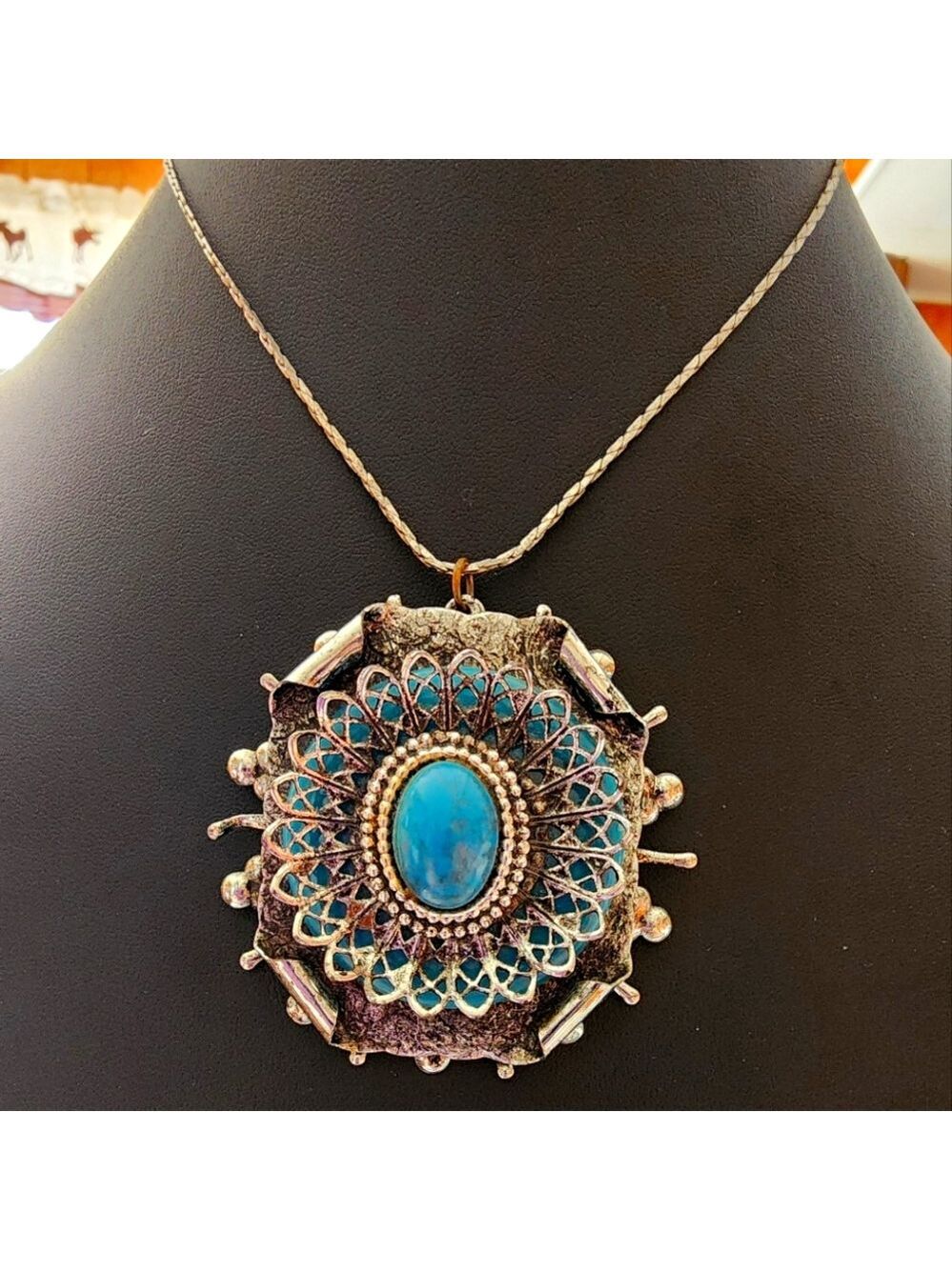 Vintage Bohemian Statement Necklace with Faux Turquoise Center
